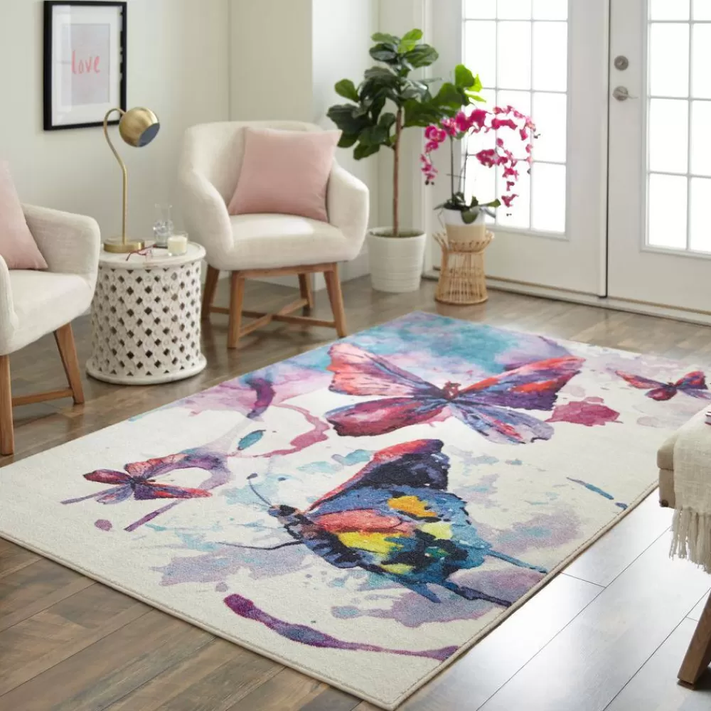 Watercolor Butterflies Purple 5 Ft. X 8 Ft. Abstract Area Rug By Mohawk Home | * Hot